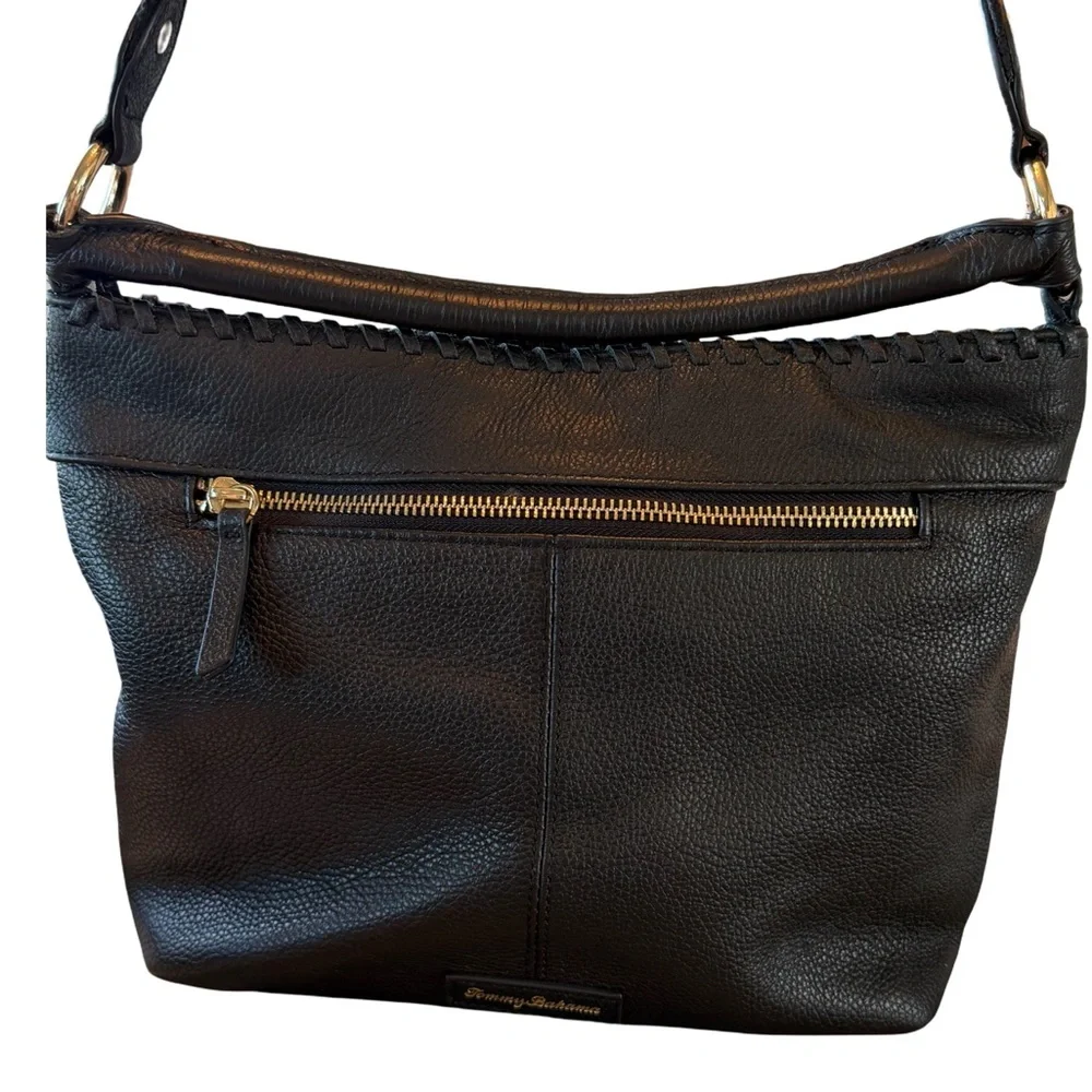 Tommy Bahama Black Pebble Leather Shoulder Bag with Front Zip-Dual Straps - Picture 2 of 6
